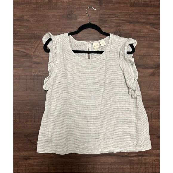 Catherine Malandrino 100% Linen Stripe Ruffle White Stripe Blouse, Sz Large + - Picture 1 of 8